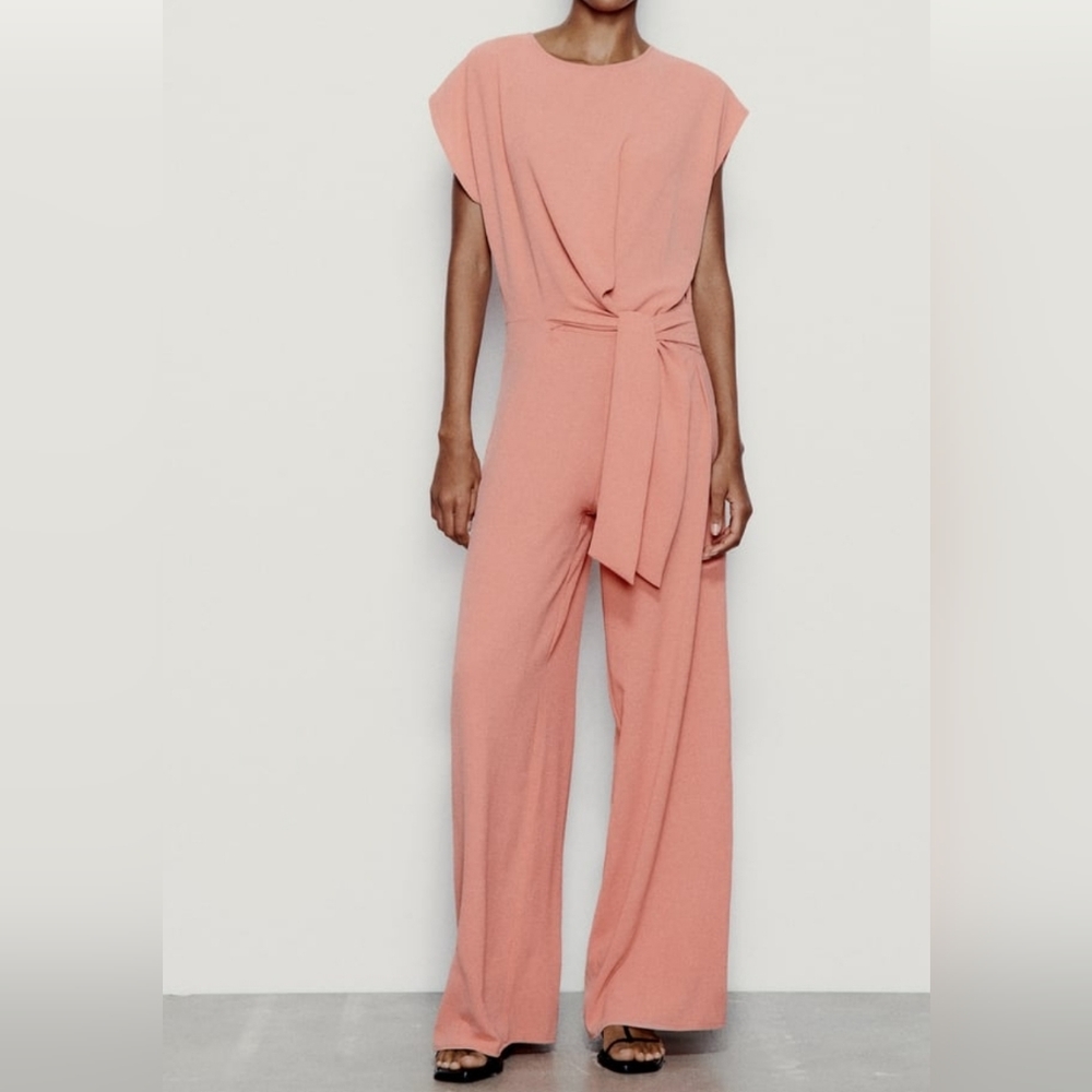 NWT Zara Flowy Coral Rose Cap Sleeve Loose Flowy Wide Leg Knot Tie Jumpsuit Sz S